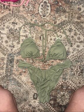 Olive Green Ruffle Trim Triangle Bikini Set